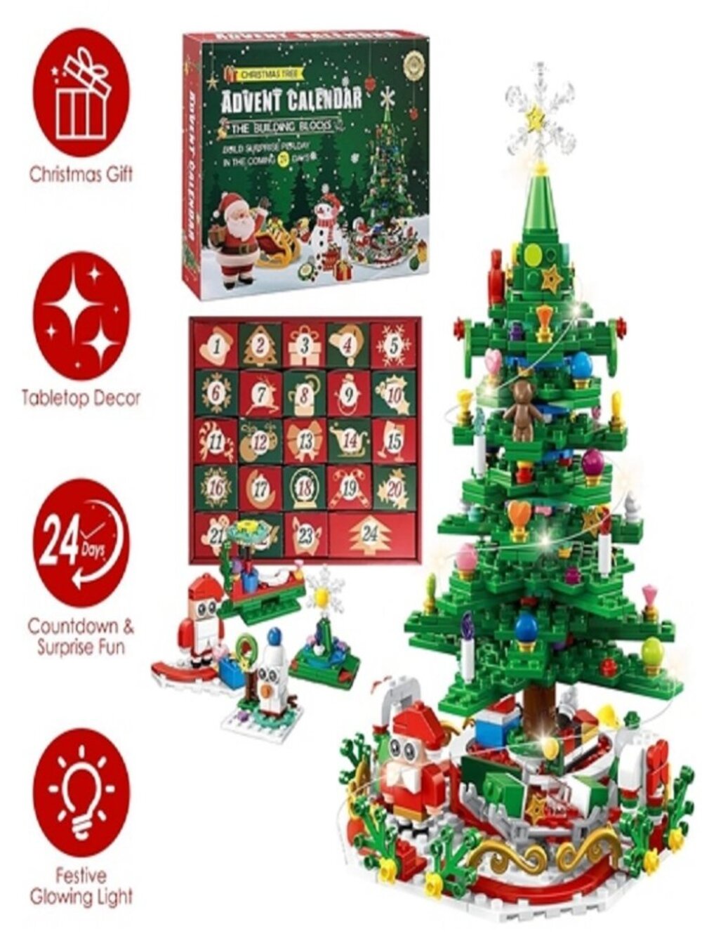 Christmas Building Block Set 24 Day Countdown LED Tree Toy Kids 3-6